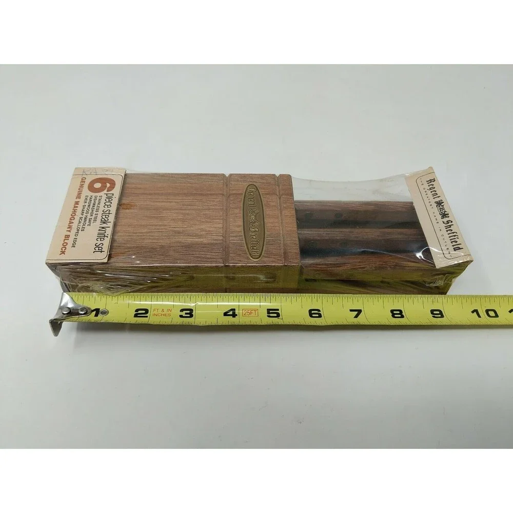 Vintage Regent & Sheffield 6 Piece Steak Knife Set w/ Genuine Mahogany Block NOS
